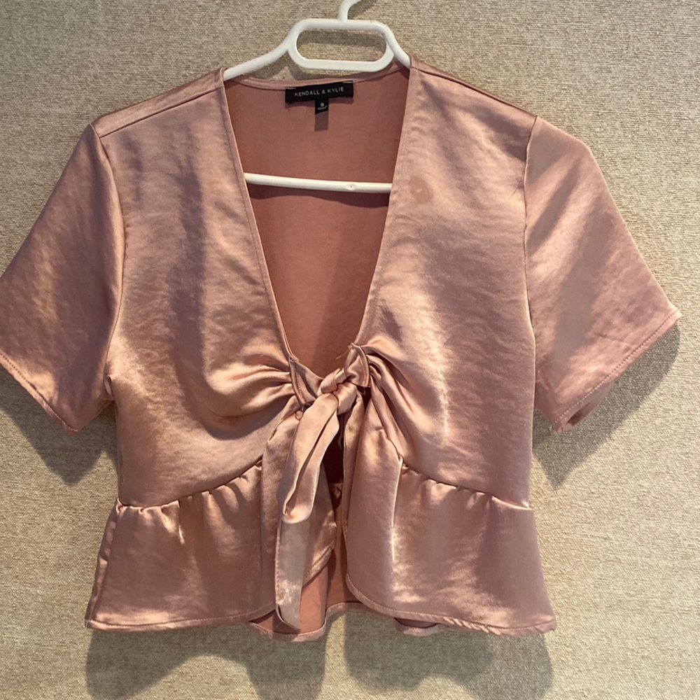 Kendall and Kylie pink silk front tie shirt